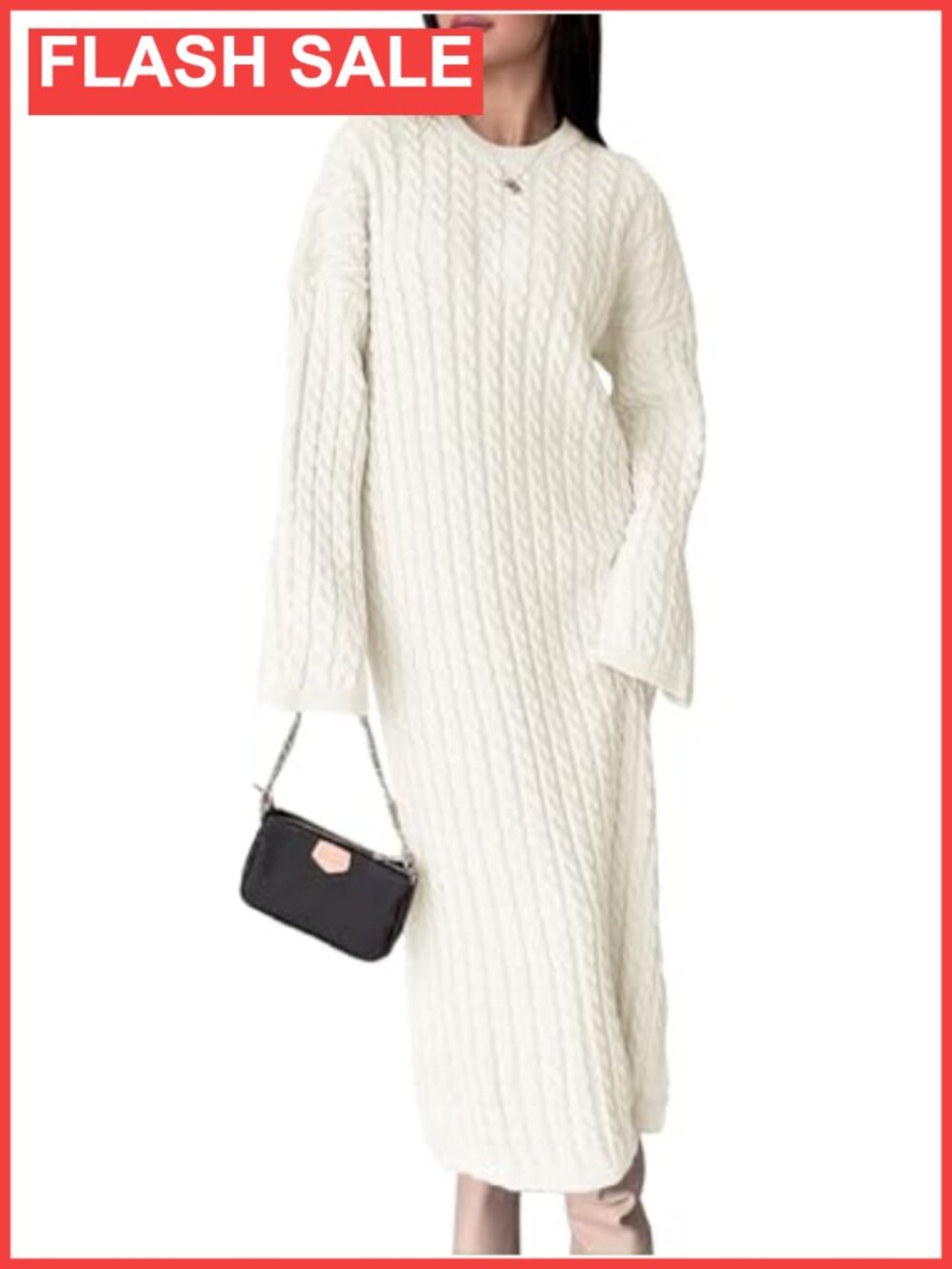 Oversized Cable Knit Sweater Dress Long Sleeve Midi Crew Neck Side Slit